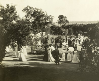 New Year's garden party at Government House, Perth. Formally dressed guests socialise in the