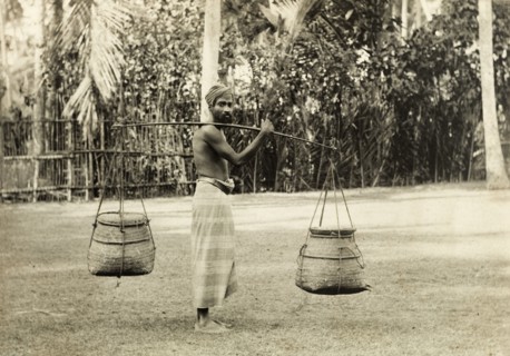 Ceylonian man with baskets. A Ceylonian man, possibly a snake charmer, carries two baskets on a