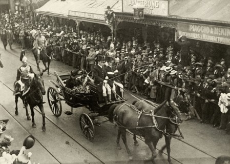 Royal parade through Perth, 1901. A horse-drawn carriage containing the Duke and Duchess of