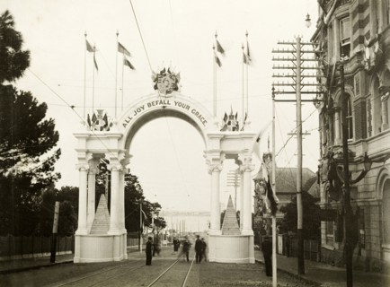 Welcome arch in Barrack Street, Perth. A welcome arch in Barrack Street, part of celebrations to