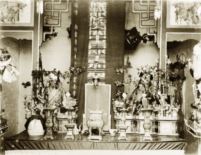 An altar inside a Hong Kong Joss house. An altar inside a Joss house is adorned with religious