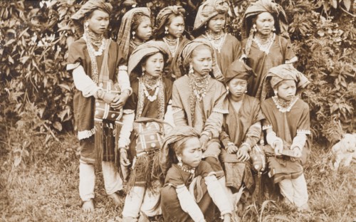 Young Shan women in traditional dress. Posed portrait of a group of young Shan women. Traditionally