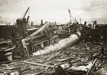 Wreckage of a French destroyer after a typhoon. The wreckage of a French naval destroyer lies in a