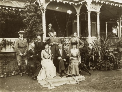 Sir Arthur Lawley, Joseph Chamberlain and guests. Outdoors portrait of Sir Arthur Lawley