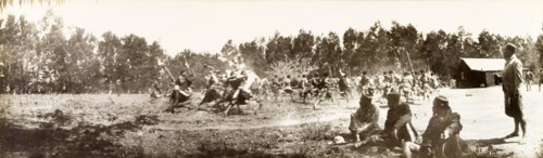 Swazi warriors perform a war dance. Swazi warriors perform a war dance for visiting British