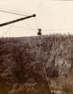 Cable system across the Zambezi gorge. A cage attached to a cable system is suspended high above