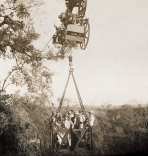 A cable system across the Zambezi gorge. A group of British passengers make the return journey