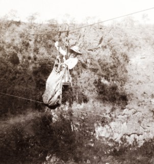 Lady Lawley crosses the Zambezi gorge. Lady Annie Lawley, the wife of Sir Arthur Lawley,