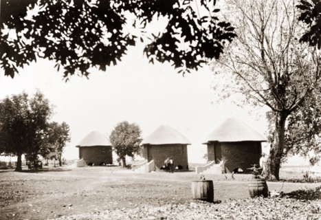 Housing for farm workers. Three 'rondavels' (round dwellings resembling traditional African huts),