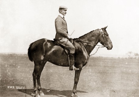 Baden-Powell on horseback. Profile shot of the newly promoted Major General Robert Baden-Powell on