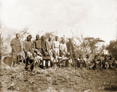 Matabele at an indaba with Cecil Rhodes. A group of Matabele (Ndebele) indunas (chiefs) are