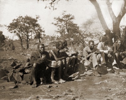 Matabele indunas at Cecil Rhodes' farm. Matabele (Ndebele) indunas (chiefs) attend an indaba
