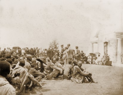 An indaba at Government house. Matabele (Ndebele) indunas (chiefs) and British administrators