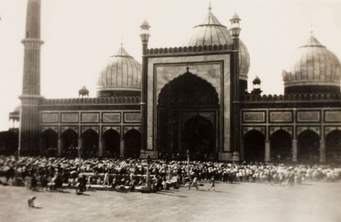 Friday prayers at the Jama Masjid, Delhi. A congregation of Muslim men gather outside Jama Masjid