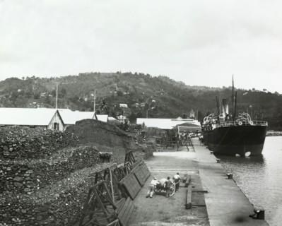 Unloading a cargo in St Lucia. A line of porters, carrying baskets on their heads, unload cargo