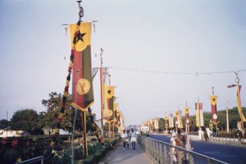 Third anniversary of Ghanaian independence. Street decorations on High Street commemorate the third