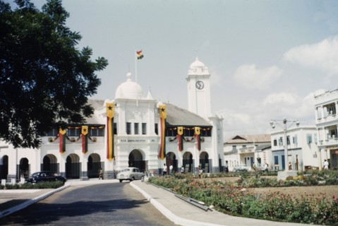 Third anniversary of Ghanaian independence. The General Post Office in Accra, decorated with