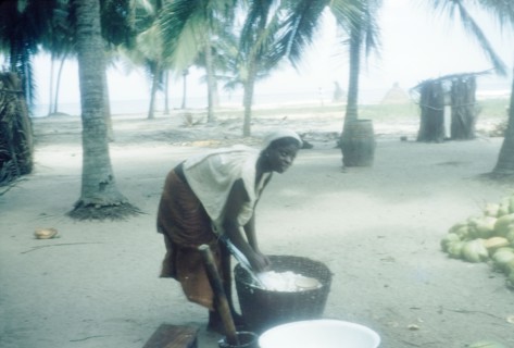 Woman grating a coconut. A woman grates fresh coconut into a basket on the beach at Saltpond.