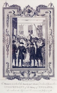 Celebrating the Declaration of American Independence. An illustration depicts a mounted messenger