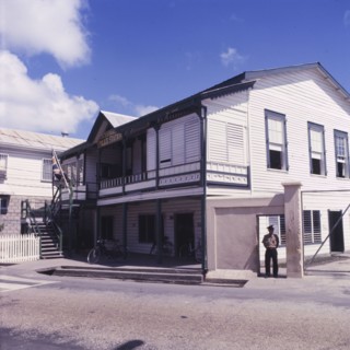 Central Police Station in Belize. A policeman stands outside the central Police Station in Belize