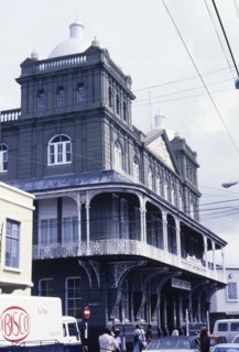The Barclay's Bank in Barbados. The facade of the colonial-style Barclay's Bank building in