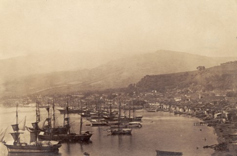 St. Pierre before the Mount Pelee eruption. View of sailing ships in St. Pierre harbour, taken