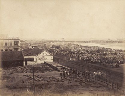 Relief effort during the Madras famine. Thousands of sacks containing grain wait to be loaded onto