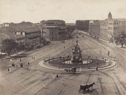 Rampart Row, Bombay. View of a roundabout with a statue centrepiece at Rampart Row, taken from the