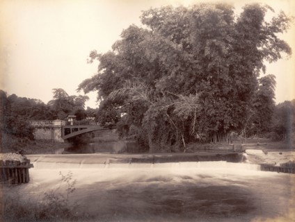 Weir on the Martha Brae River. A footbridge crosses a weir on the Martha Brae River. Trelawny,
