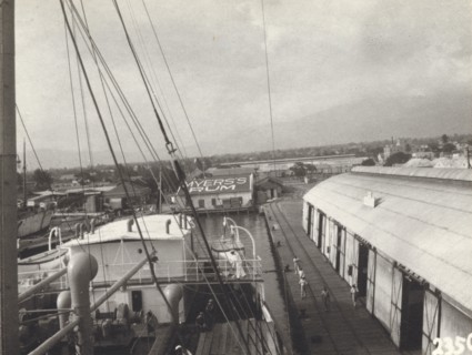 Kingston Harbour, Jamaica. View over the docks at Kingston Harbour, showing the roof of a 'Myer's