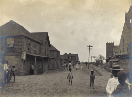 Georgetown after the eruption of Soufriere. A street in Georgetown is covered with a layer of