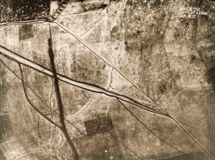 Aerial view of a battlefield under snow. One of a series of British aerial reconnaissance