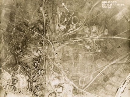 British military camp in a ruined village. One of a series of British aerial reconnaissance