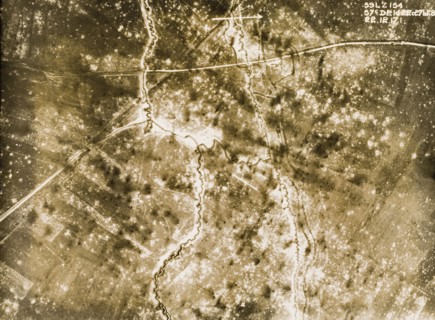 Aerial view of a bomb-damaged landscape. One of a series of British aerial reconnaissance