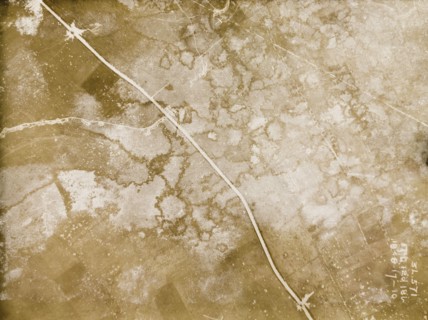 A mined road on the Western Front. One of a series of British aerial reconnaissance photographs