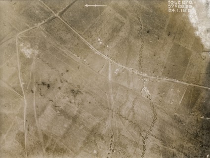 Aerial view of a bomb-damaged landscape. One of a series of British aerial reconnaissance