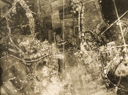 Trenches and bomb damage on the Western Front. One of a series of British aerial reconnaissance
