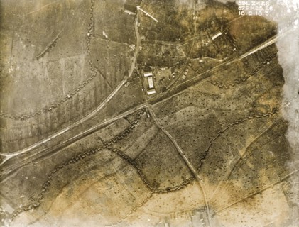 Trenches and bomb damage on the Western Front. One of a series of British aerial reconnaissance