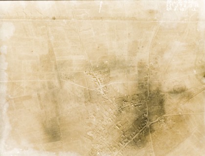 Aerial view of a bomb-damaged landscape. One of a series of British aerial reconnaissance