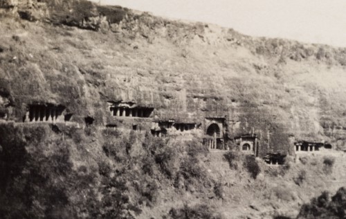 Ajanta caves. A number of pillared entrances carved into the Ajanta ravine mark the location of the