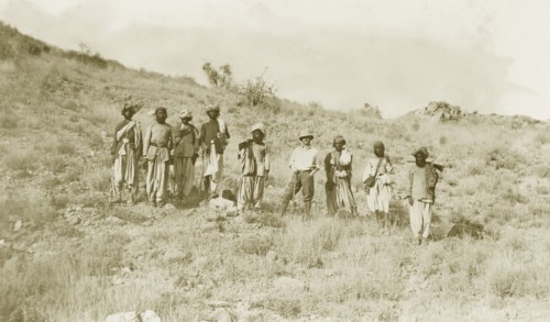 Walking sticks and a gun. Sir Henry Staveley Lawrence, Collector of Karachi, stands amongst a group