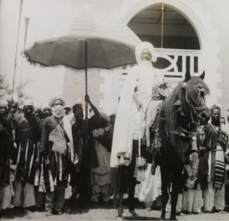 An Etsu Nupe during Sallah celebrations. An Etsu (ruler) Nupe dressed in full ceremonial attire