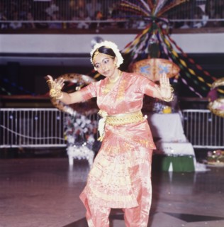 Hindu dancing at a Diwali mela. A female dancer in traditional Indian dress performs at a mela