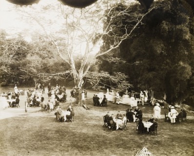 A formal garden party. Small groups of European men and women sit around dining tables in the