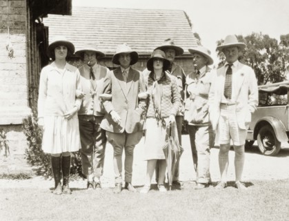 Evelyn Waugh and friends visit the Kakamega goldfields. Evelyn Waugh (1903-1966) (far right) poses