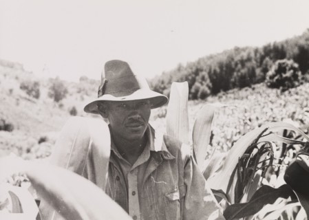 African man wearing a sun hat. An African man stands amongst vegetation in the Kenyan countryside,