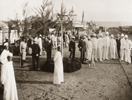 Welcome party for Winston Churchill. African and European officials await the arrival of Winston
