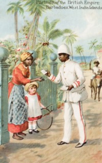 A Barbadian postman. An illustrated postcard entitled 'Postmen of the British Empire' depicts a