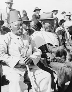 Awaiting the arrival of Princess Elizabeth. An assembly of African chiefs sit on a spectator stand
