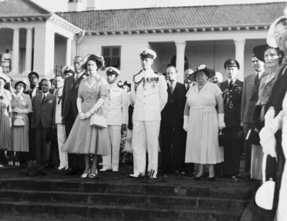 Princess Elizabeth watches a King's African Rifles band. Princess Elizabeth and the Duke of
